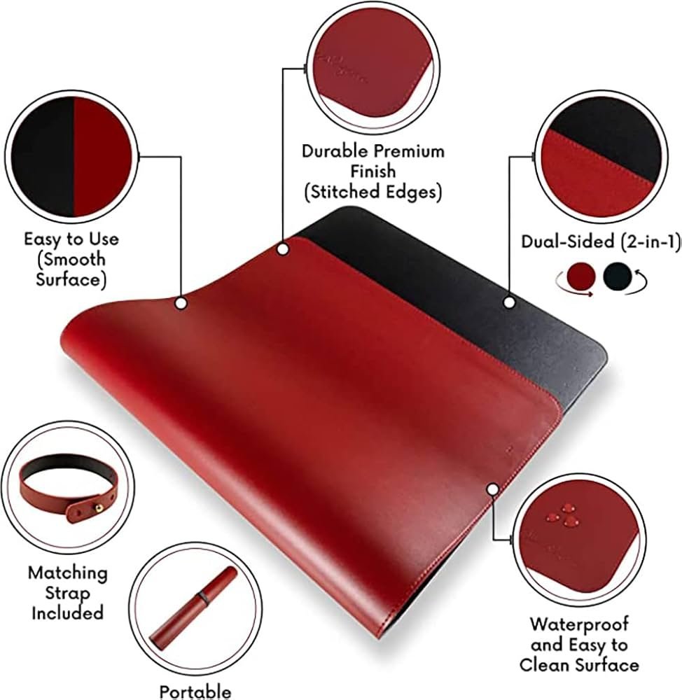 Black and Red Faux Leather Desk Mat 90x45cm – Reversible Large Mouse Pad