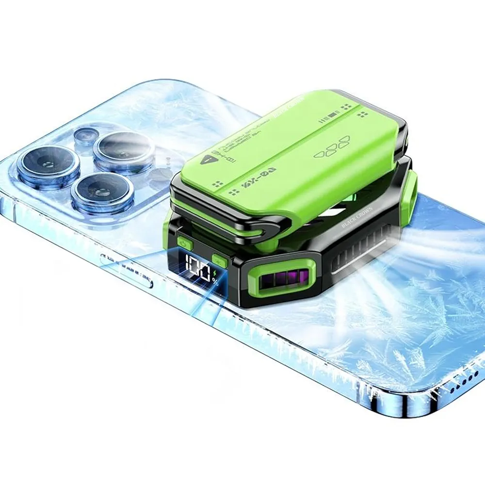 Mobile Phone Holder with Removable Battery & Magnetic Semiconductor Cooling – 7-Speed RGB Gaming Phone Cooler (Green)