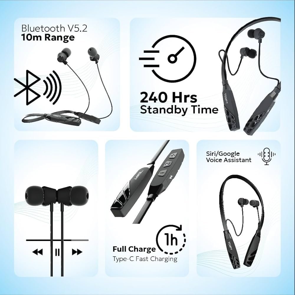 Pro Wireless Bluetooth Neckband Earphone – Bluetooth v5.2, 45H Playtime, Type-C Fast Charging, ENC, IPX5 Water & Sweat Resistant (Black)