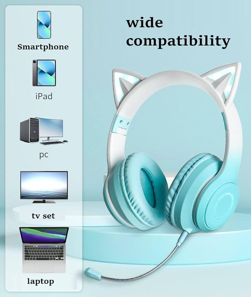 Kids Cat Ear Bluetooth Headphones with LED Lights – Foldable Over-Ear, HD Sound & Mic (Blue)