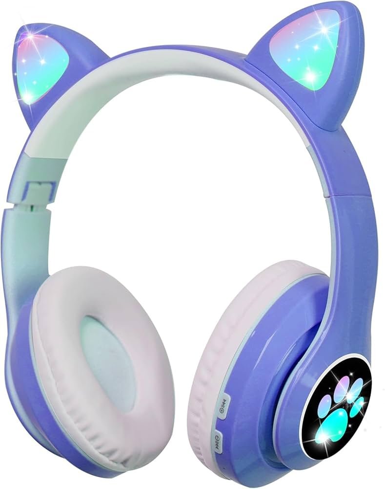 Royal Blue Cat Ear Kids Bluetooth Headphones with LED Lights, HD Sound, 105dB Volume Limit, Foldable Over-Ear Wireless & Wired Headset for PC/Tablet/School