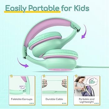Kids Cat Ear Bluetooth Headphones with LED Lights – Foldable Over-Ear, HD Sound & Mic (Green Violet)