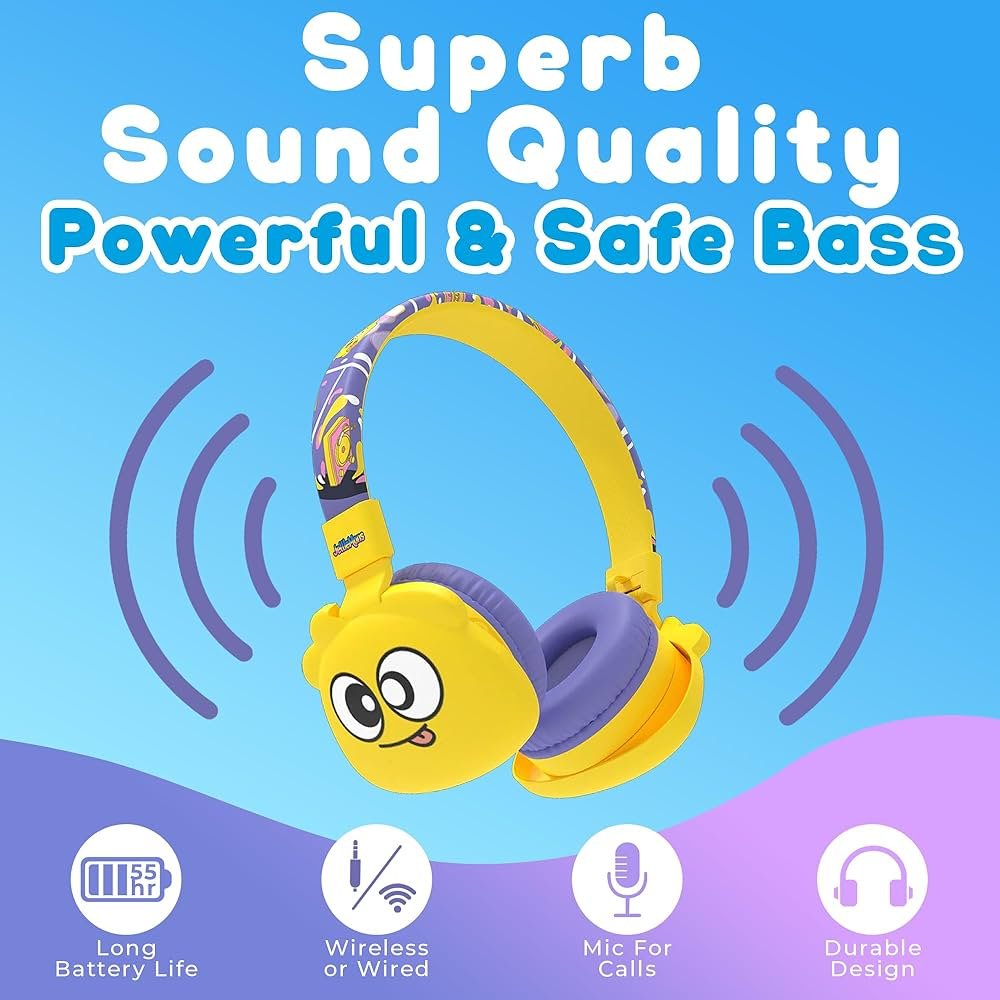 Booma Echo Over-Ear Wireless Headphones – Bluetooth 5.4, Hi-Res Audio, 55H Playtime, USB-C Fast Charging, Kid-Safe Modes (Yellow)