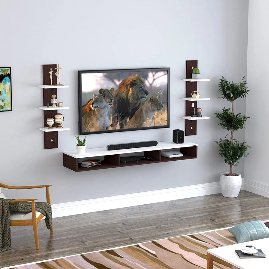 Engineered Wood Wall Mounted TV Unit (Wenge & White) – Floating TV Stand with Shelves for Living Room, Ideal for 32–40 Inch TVs