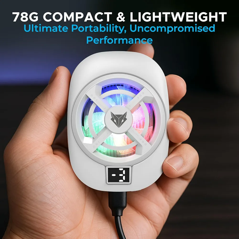 Hailstone S Mobile Phone Cooler – 15W 3-Level Cooling, 5000 RPM 7-Blade Fan, Clamp Mount, RGB, Semiconductor Tech, Type-C Powered, Display, Compatible with Android & iPhone (White)