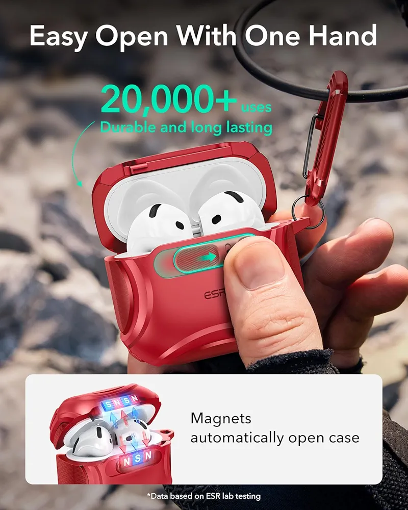 AirPods 4 Case (2024) Red | MagSafe Compatible | Hybrid Drop Protection | Cyber Series TPU Protective Cover with Drop-Proof Lock, Easy Open & Carry Strap for AirPods 4th Gen (USB-C)