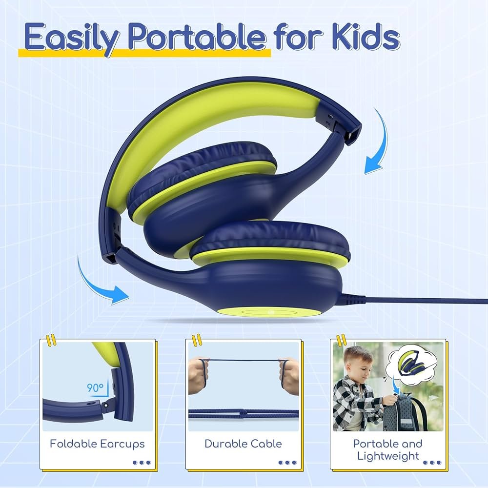 Kids Cat Ear Bluetooth Headphones with LED Lights – Foldable Over-Ear, HD Sound & Mic (Blue Lemon)