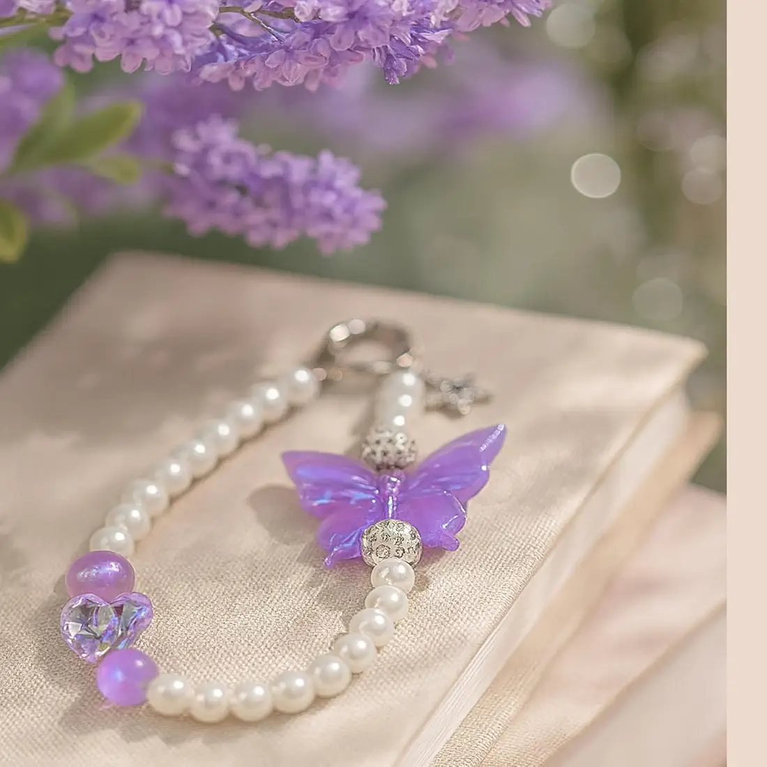 Phone Charm/Phone Strap – Butterfly & Heart Pearl Beaded Accessory