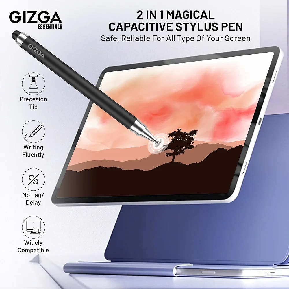 2-in-1 Universal Stylus Pen for Touchscreen Devices – Fine Disc & Rubber Tip, Black, Compatible with iPad, iPhone, Android, Tablets, Microsoft Surface & Chromebooks