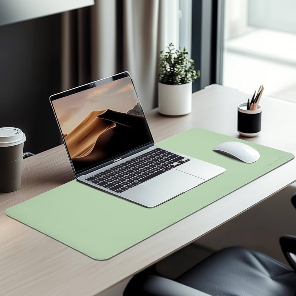 Light Green and Blue Faux Leather Desk Mat 90x45cm – Reversible Large Mouse Pad