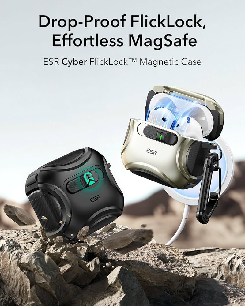 AirPods 4 Case (2024) Black | MagSafe Compatible | Drop-Proof Lock | Cyber Series TPU Protective Cover for AirPods 4th Gen (USB-C) with Easy Open Design