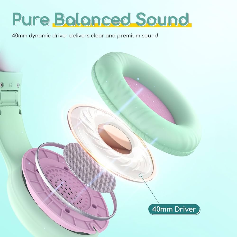 Kids Cat Ear Bluetooth Headphones with LED Lights – Foldable Over-Ear, HD Sound & Mic (Green Violet)