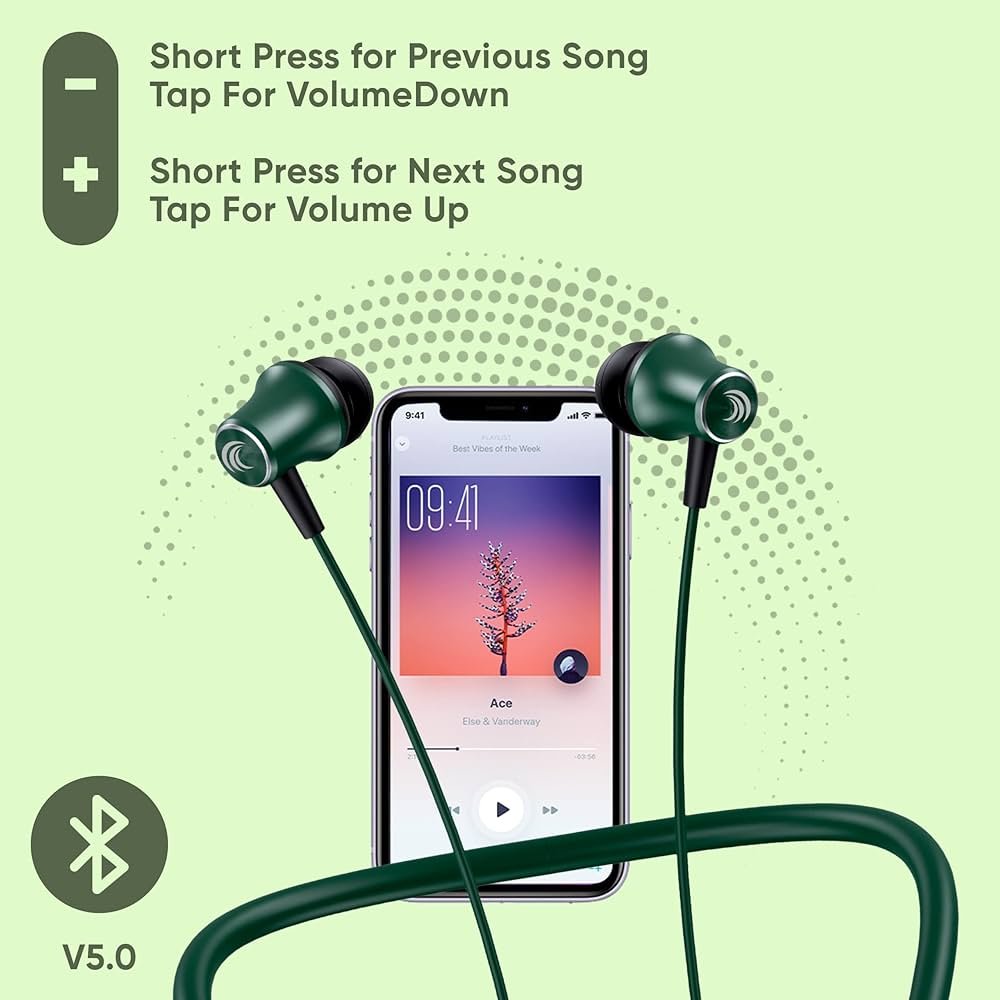 Wireless Waterproof Bluetooth Neckband with 35H Playtime & 10mm Bass Driver – Bluetooth 5.0 (Green)