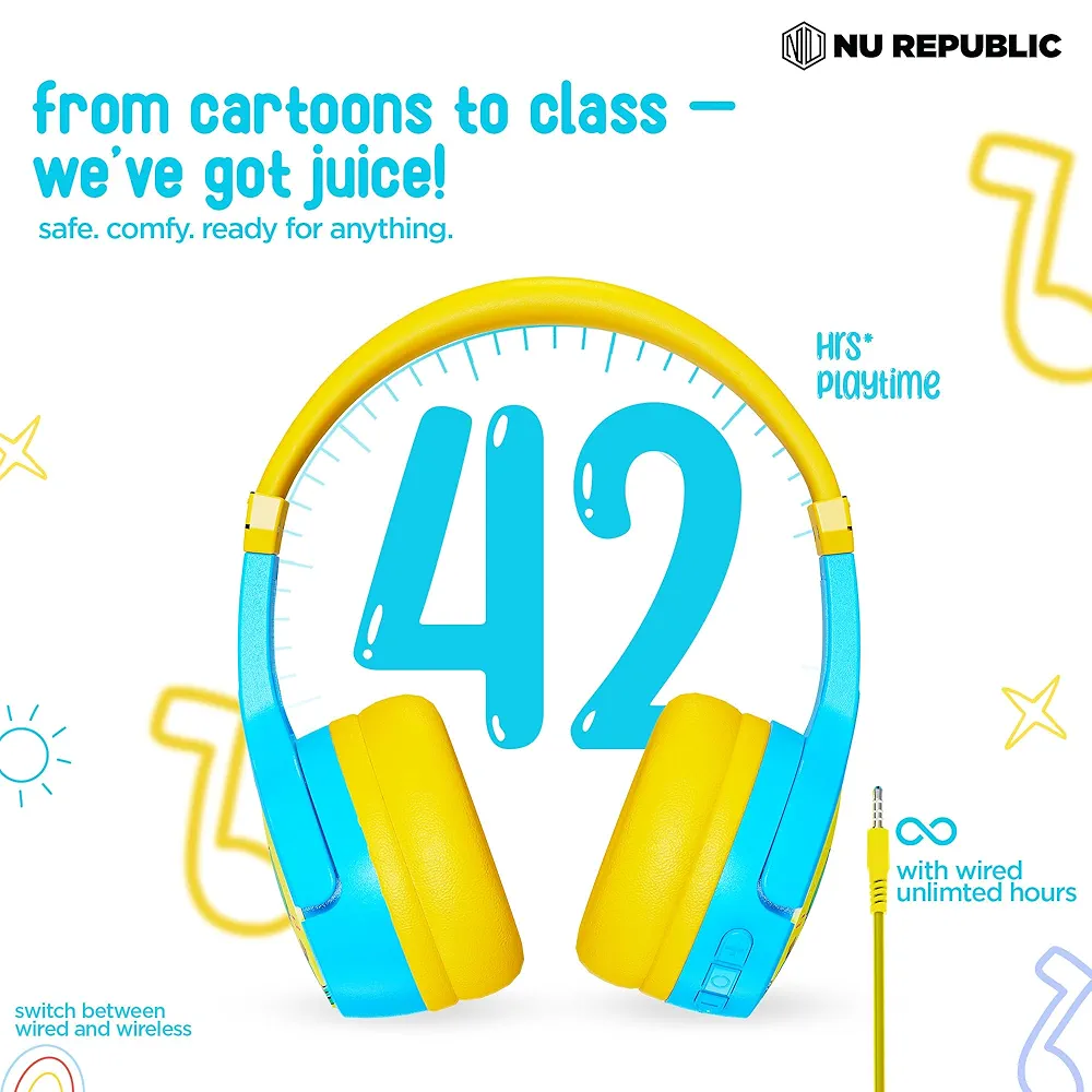 Beatpop Kids Headphones | Safe Volume 85 dBA | 42H Playtime | X-Bass® Technology | 40mm Neodymium Drivers | Type-C Fast Charging | ENC Bluetooth On-Ear Headphones (Blue & Yellow)
