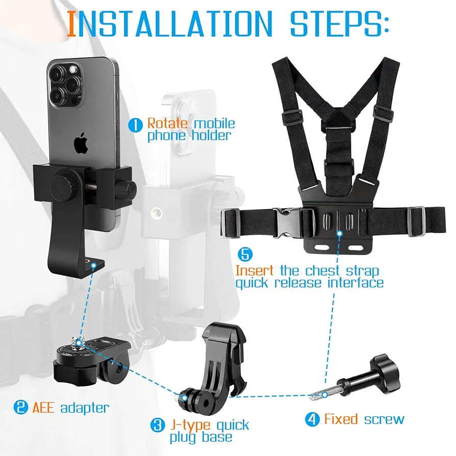 Chest Mount Harness Strap & Phone Holder for POV Vlogging – Compatible with GoPro HERO 12/11/10/9/8, Insta360, DJI & Smartphones – Adjustable First-Person Video Recording