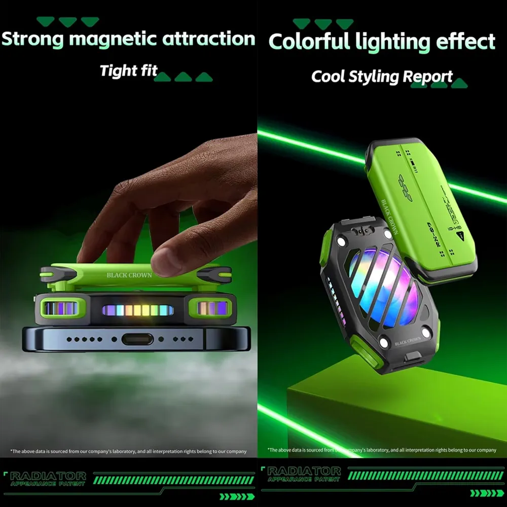 Mobile Phone Holder with Removable Battery & Magnetic Semiconductor Cooling – 7-Speed RGB Gaming Phone Cooler (Green)