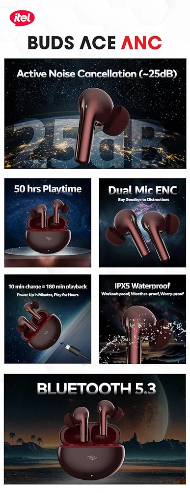Cranberry TWS Earbuds with 25dB ANC, 50Hrs Playtime, AI ENC Mic, 10mm Drivers, IPX5 & Fast Charging – Bluetooth v5.3 Wireless In-Ear Earphones