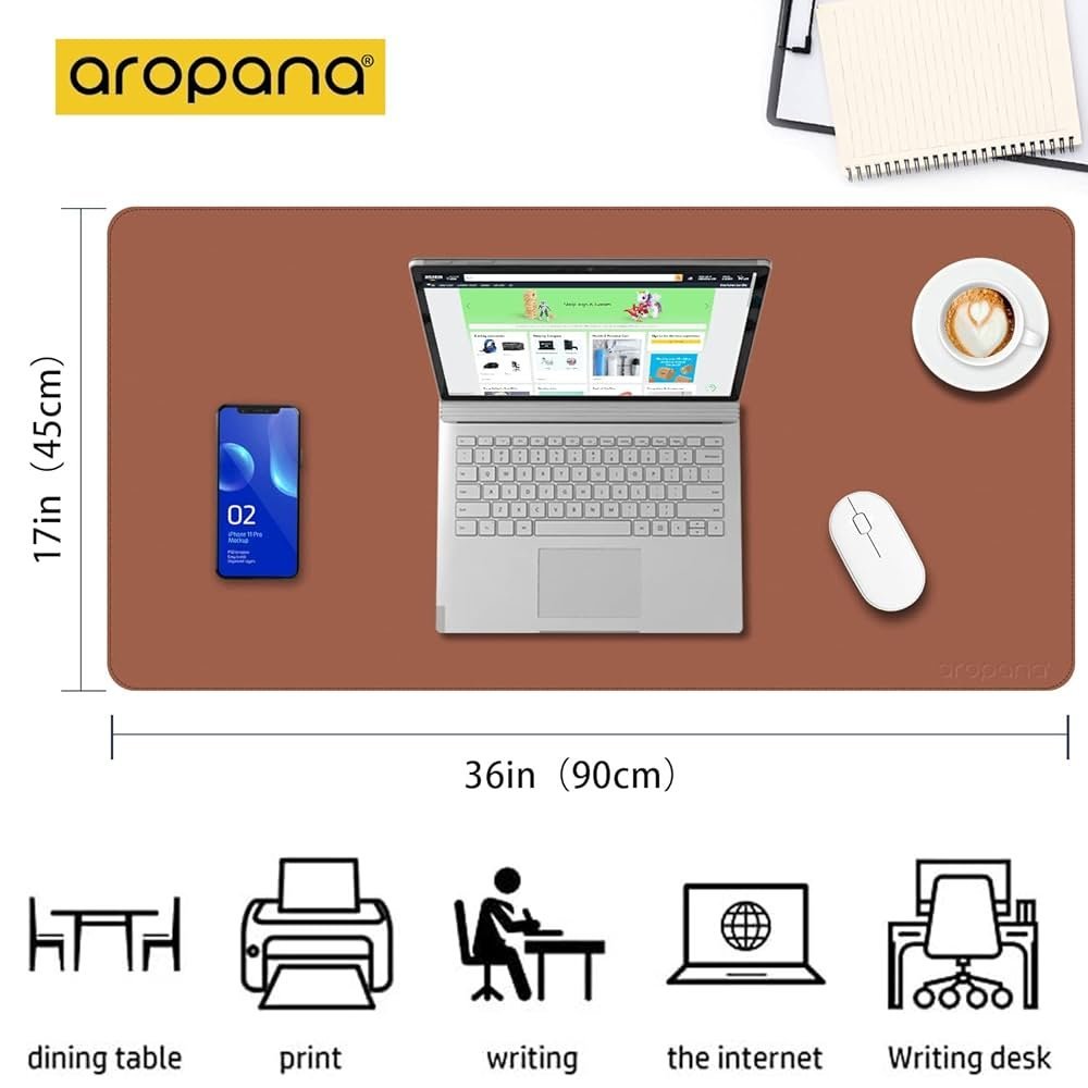 Brown and Grey Faux Leather Desk Mat 90x45cm – Reversible Large Mouse Pad