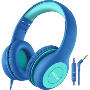 Kids Over-Ear Headphones with Mic – 85/94dB Volume Limiter, Foldable Design & Sharing Port (Blue & Green)