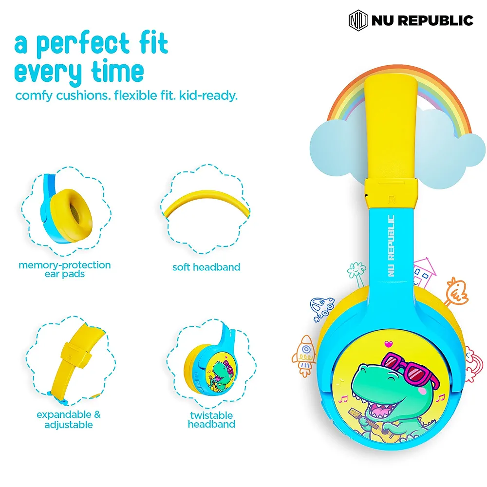 Beatpop Kids Headphones | Safe Volume 85 dBA | 42H Playtime | X-Bass® Technology | 40mm Neodymium Drivers | Type-C Fast Charging | ENC Bluetooth On-Ear Headphones (Blue & Yellow)