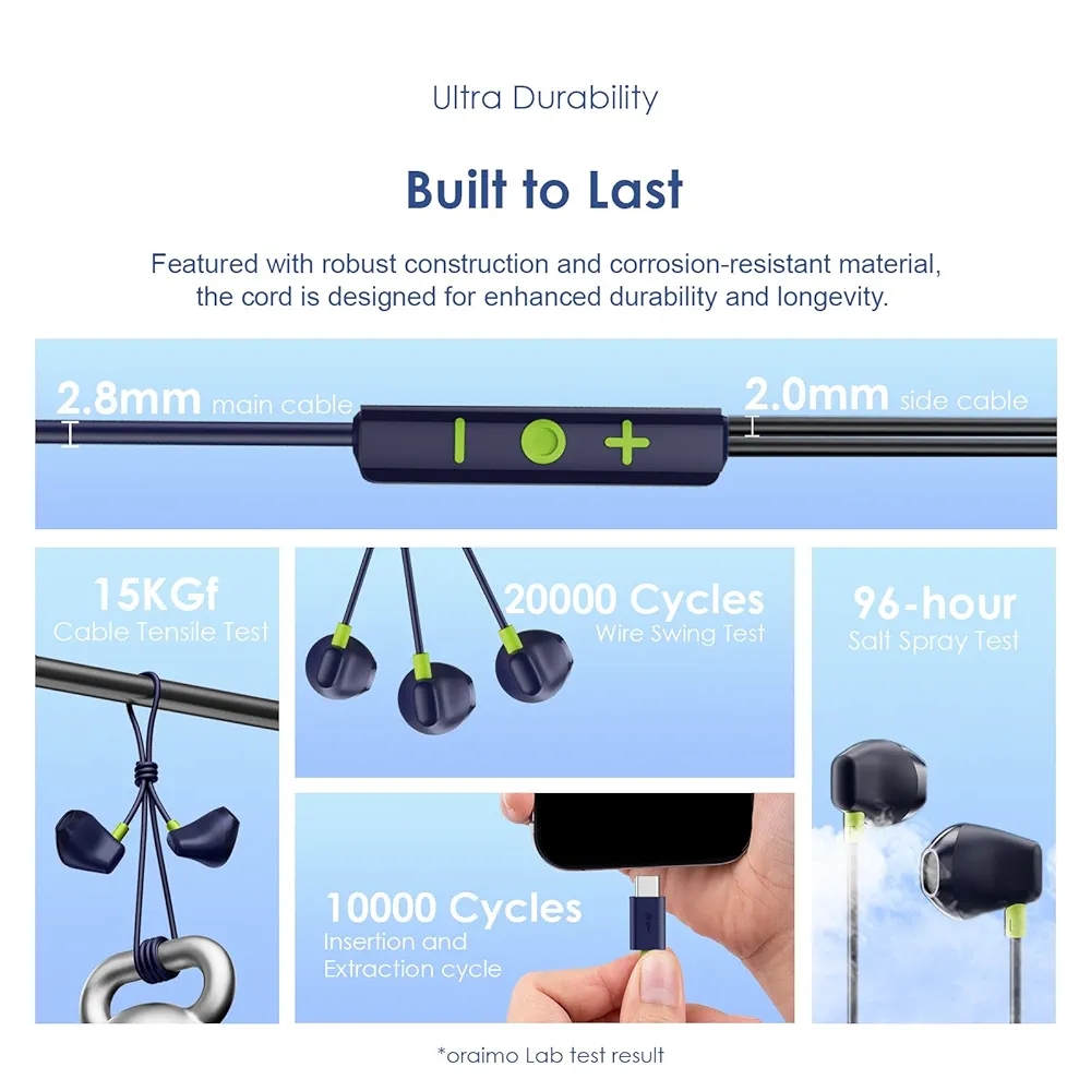 Halo Airy Type-C Wired In-Ear Earphones – Deep Bass, 3-Button Control & Mic (Blue)