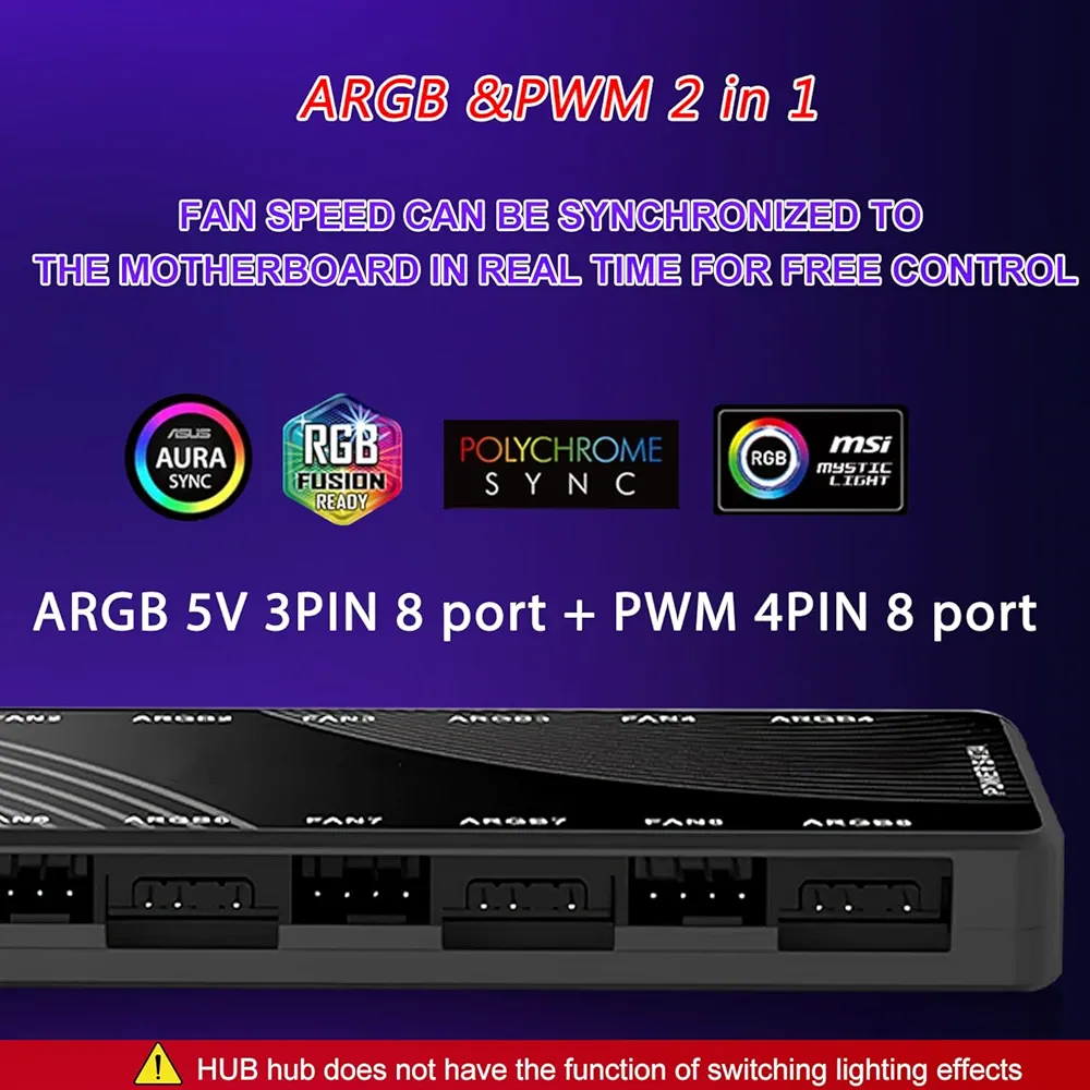 8-Port ARGB & PWM Fan Hub Controller | Dual Power Input (12V 4-Pin & 5V 3-Pin) | Magnetic Backplane Splitter | PCI Express x1 Interface | Standard Size