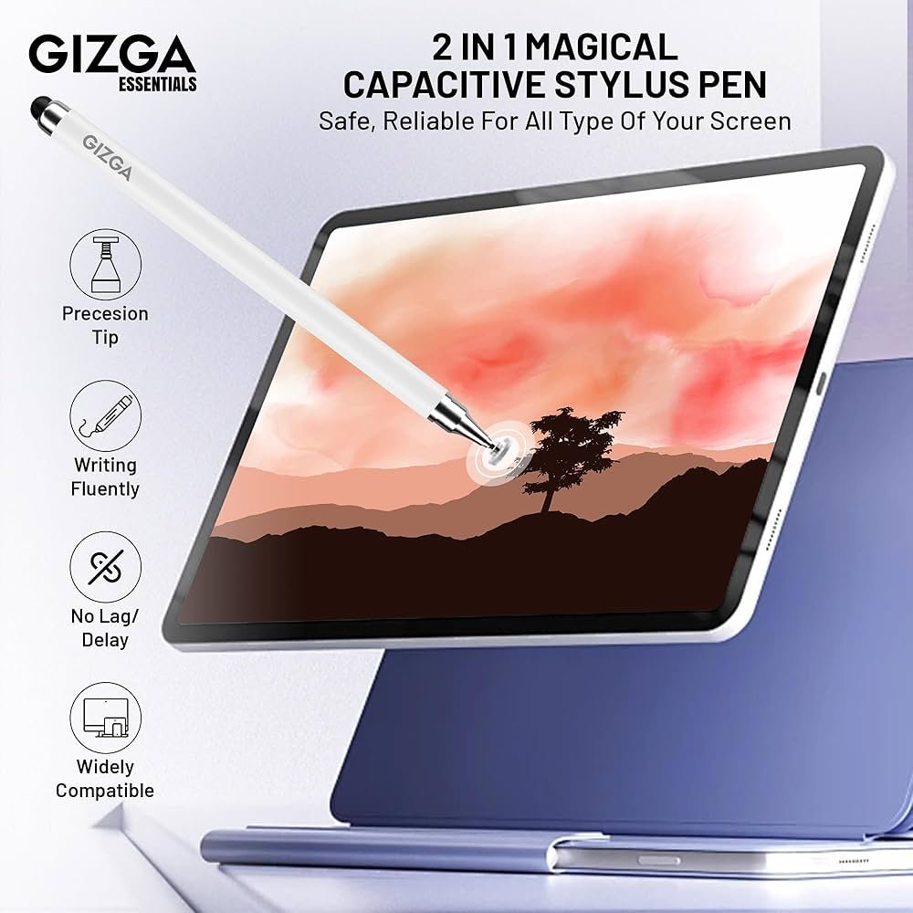 2-in-1 Universal Stylus Pen for All Touchscreen Devices | Fine Point Disc & Soft Rubber Tip | Compatible with iPad, iPhone, Android, Tablets & Smartphones (White)