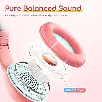 Kids Cat Ear Bluetooth Headphones with LED Lights – Foldable Over-Ear, HD Sound & Mic (Pink & Blue)
