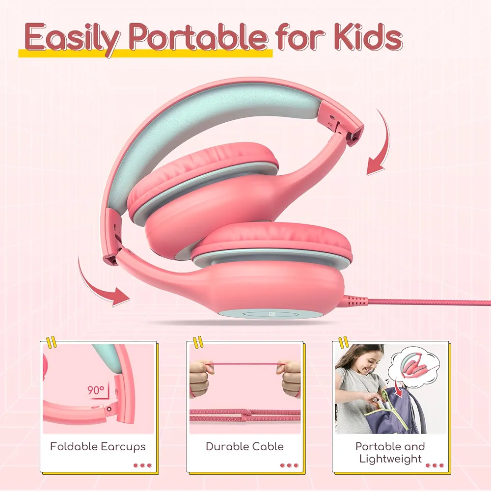 Kids Cat Ear Bluetooth Headphones with LED Lights – Foldable Over-Ear, HD Sound & Mic (Pink & Blue)