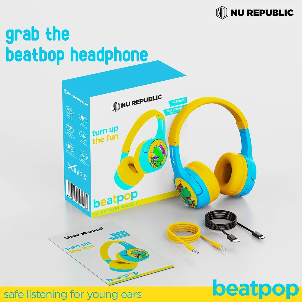 Beatpop Kids Headphones | Safe Volume 85 dBA | 42H Playtime | X-Bass® Technology | 40mm Neodymium Drivers | Type-C Fast Charging | ENC Bluetooth On-Ear Headphones (Blue & Yellow)