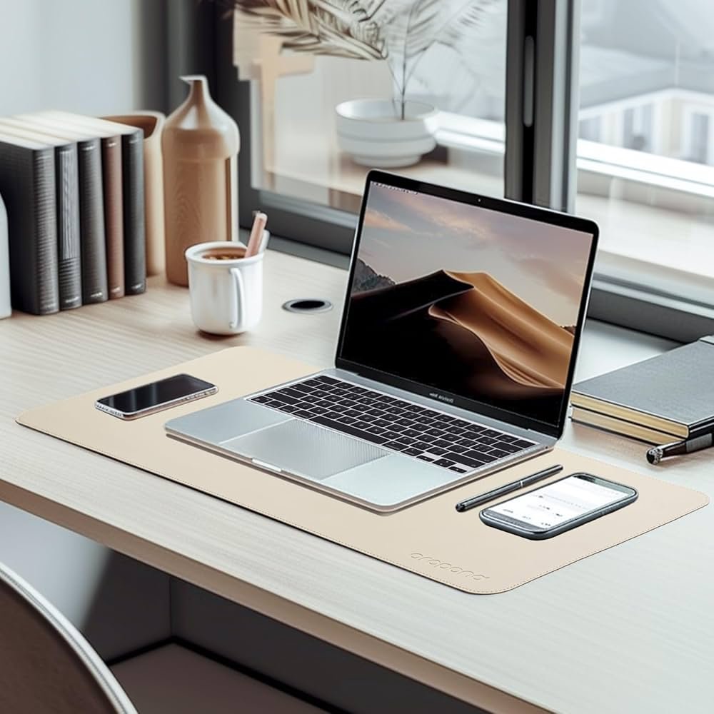 White and Coffee Leather Desk Mat 90x45cm – Reversible Large Mouse Pad