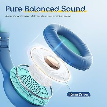 Kids Over-Ear Headphones with Mic – 85/94dB Volume Limiter, Foldable Design & Sharing Port (Blue & Green)