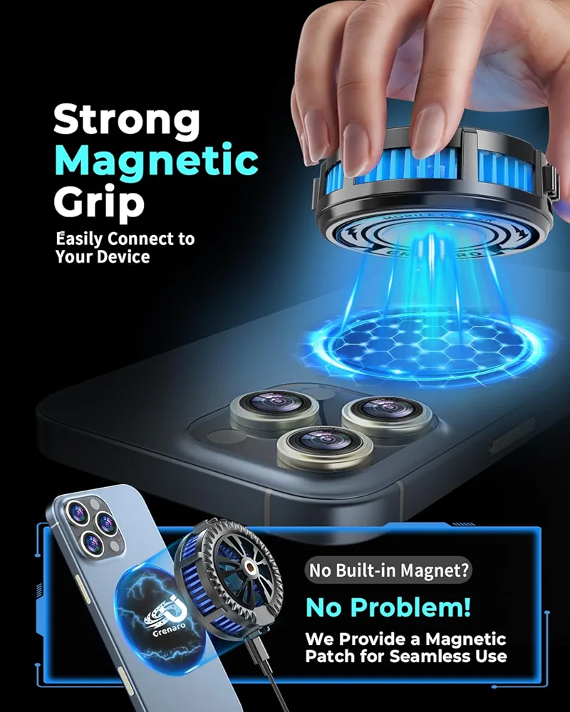 Magnetic Phone Cooler for Gaming – Enhanced Refrigeration Chip, 7-Blade Turbo Fan, Fast Cooling for BGMI, PUBG, Freefire & Long Gaming Sessions