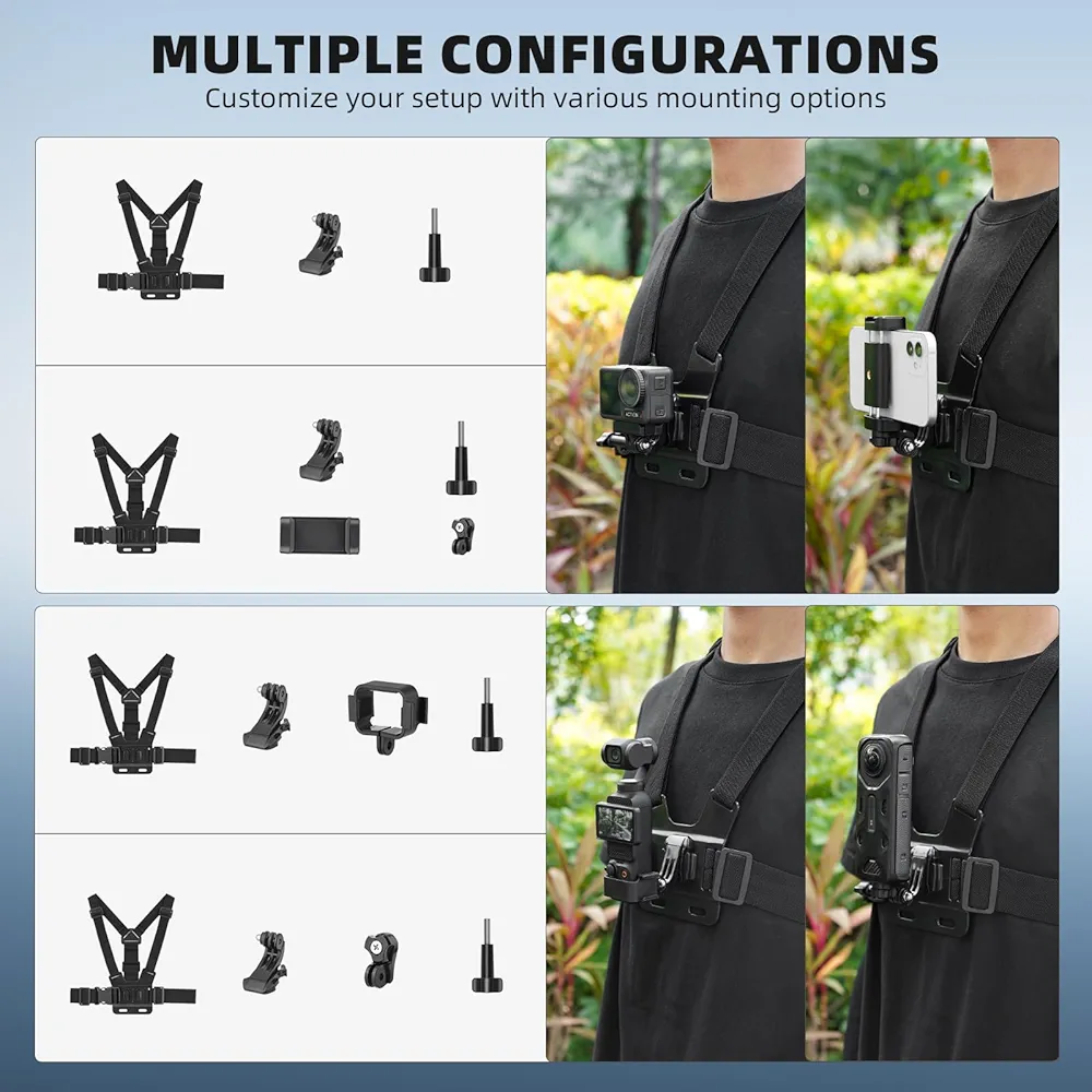 Phone Chest Mount & Head Mount Camera Harness for Action Cameras and Smartphones – Vlog Body Strap Holder Clip Kit for GoPro, DJI Osmo, Insta360, Samsung (Black)