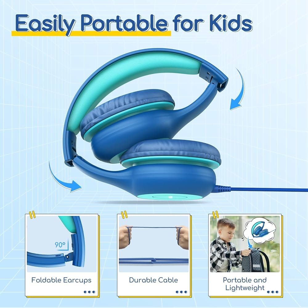 Kids Over-Ear Headphones with Mic – 85/94dB Volume Limiter, Foldable Design & Sharing Port (Blue & Green)