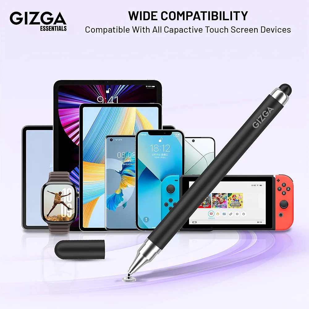 2-in-1 Universal Stylus Pen for Touchscreen Devices – Fine Disc & Rubber Tip, Black, Compatible with iPad, iPhone, Android, Tablets, Microsoft Surface & Chromebooks