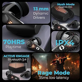 Gaming Earbuds XO7 with 35ms Low Latency, 13mm Bass Drivers, Quad Mic ENC, 70H Playtime & Bluetooth v5.4 (Black, True Wireless)