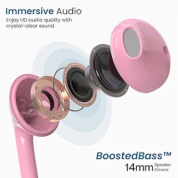 Wired In-Ear Headphones with Mic & 14mm Dynamic Drivers for Boosted Bass – 3.5mm Jack, Multi-Functional Controller (Stringz 38 Lite, Pink)