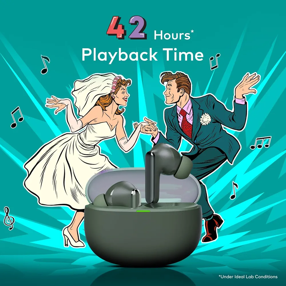 ROAR 360° Deep Bass True Wireless Earbuds | Quad Mic ENC | 42Hrs Playtime | Bluetooth v5.3 | 13mm Drivers | IPX5 Water Resistance | Ergonomic Design (Ashy Green)