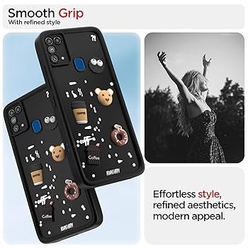 Back Cover for Samsung Galaxy M31 / M31 Prime / F41 | Cute 3D Cartoon Bear Silicone Full-Body Protection Bumper Case (Black)