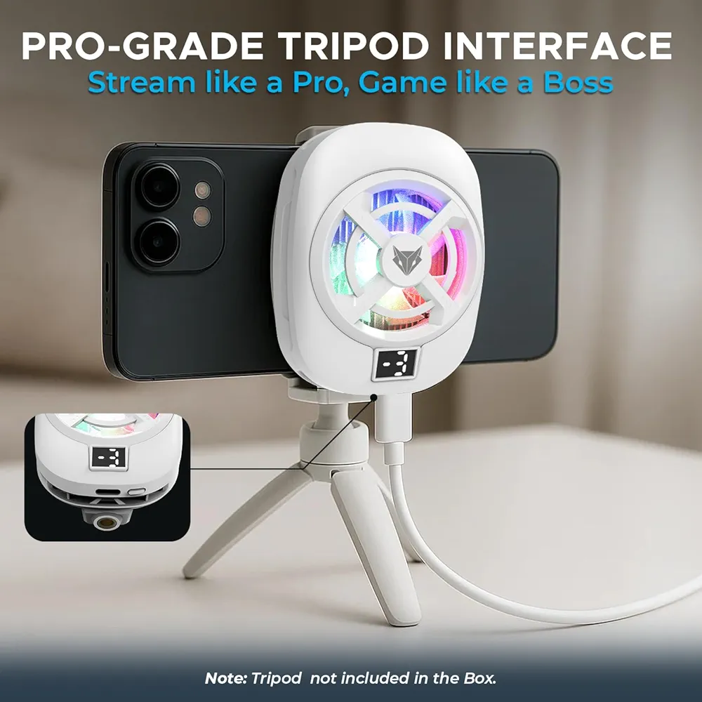 Hailstone S Mobile Phone Cooler – 15W 3-Level Cooling, 5000 RPM 7-Blade Fan, Clamp Mount, RGB, Semiconductor Tech, Type-C Powered, Display, Compatible with Android & iPhone (White)