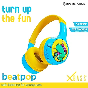 Beatpop Kids Headphones | Safe Volume 85 dBA | 42H Playtime | X-Bass® Technology | 40mm Neodymium Drivers | Type-C Fast Charging | ENC Bluetooth On-Ear Headphones (Blue & Yellow)