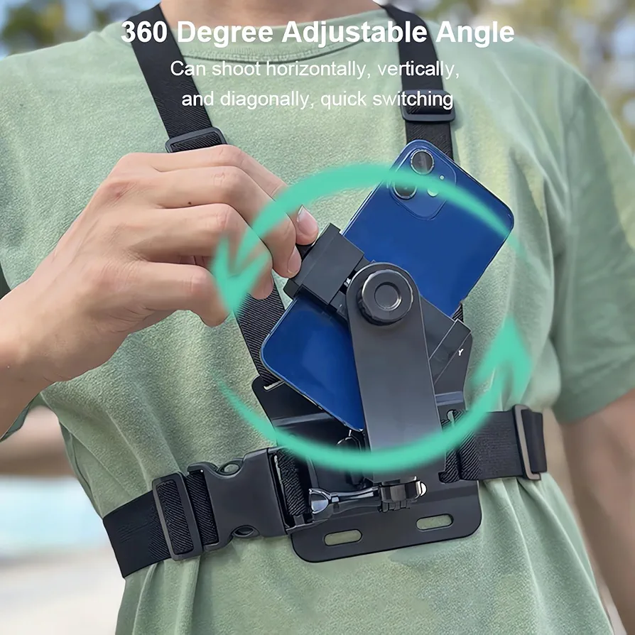 Chest Mount Harness Strap & Phone Holder for POV Vlogging – Compatible with GoPro HERO 12/11/10/9/8, Insta360, DJI & Smartphones – Adjustable First-Person Video Recording