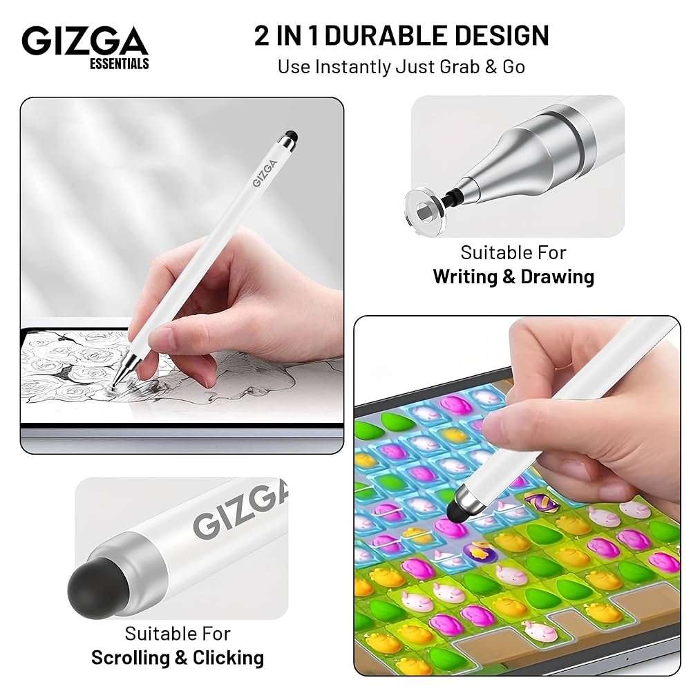 2-in-1 Universal Stylus Pen for All Touchscreen Devices | Fine Point Disc & Soft Rubber Tip | Compatible with iPad, iPhone, Android, Tablets & Smartphones (White)