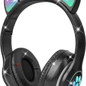 Kids Cat Ear Bluetooth Headphones with LED Lights – Foldable Over-Ear, HD Sound & Mic (Black)