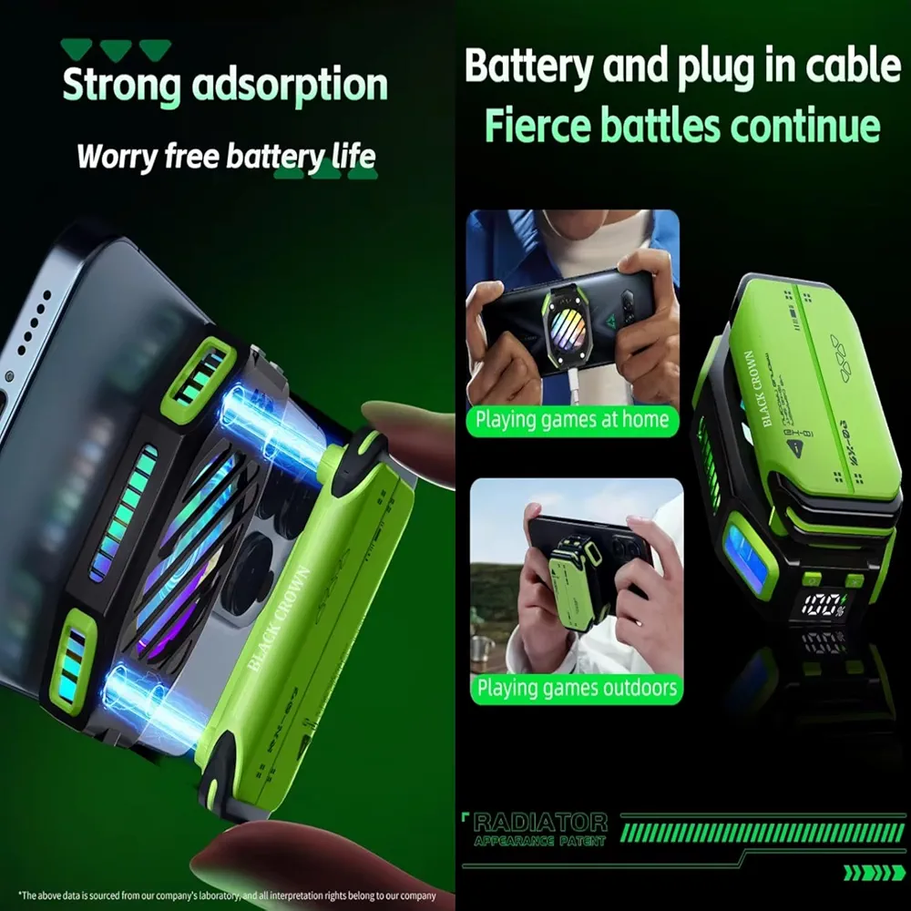 Mobile Phone Holder with Removable Battery & Magnetic Semiconductor Cooling – 7-Speed RGB Gaming Phone Cooler (Green)