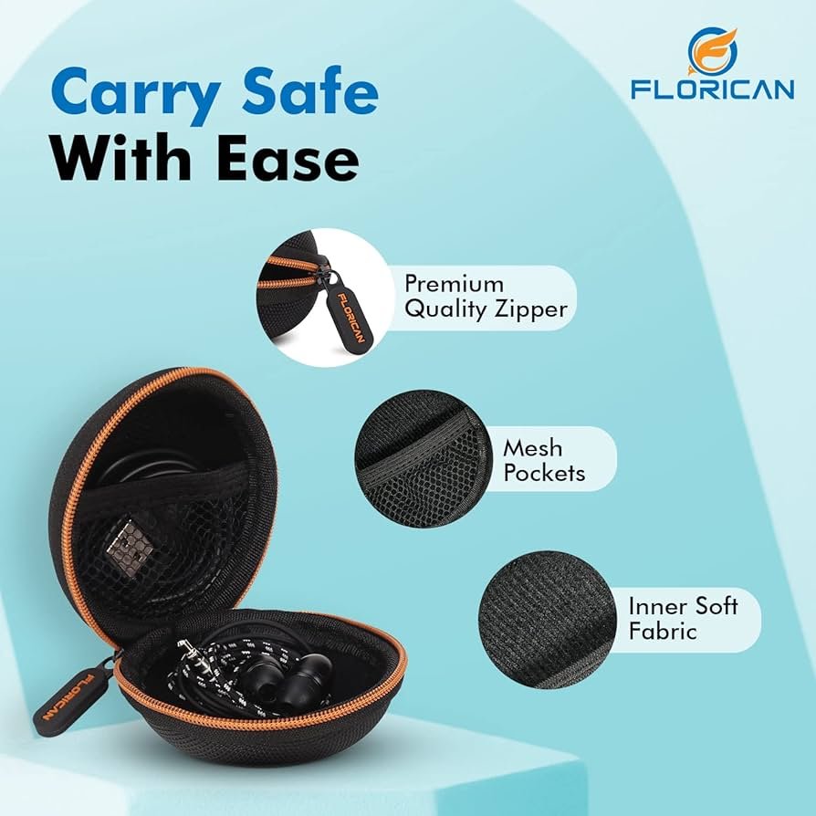 Earphone Carry Case & Multi-Use Travel Organizer with Anti-Scratch Mesh Pocket (Orange)