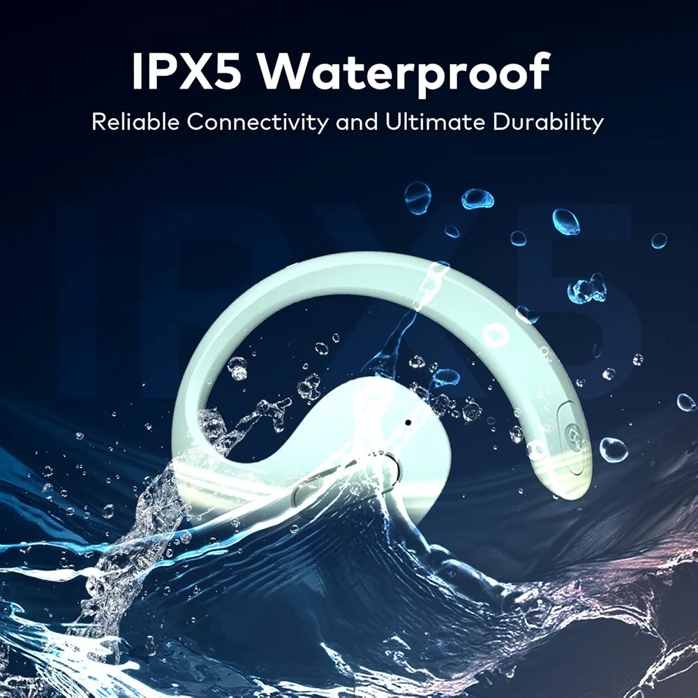 Open 100 Open-Ear Wireless Headphones – 16mm Drivers, 40H Playtime, Fast Charging, BT v5.3, IPX5 Water Resistant (Misty Aqua)