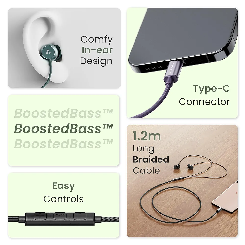 Type-C Wired In-Ear Earphones with Mic – 10mm Dynamic Drivers, Boosted Bass & 1.2m Cable (Blue)