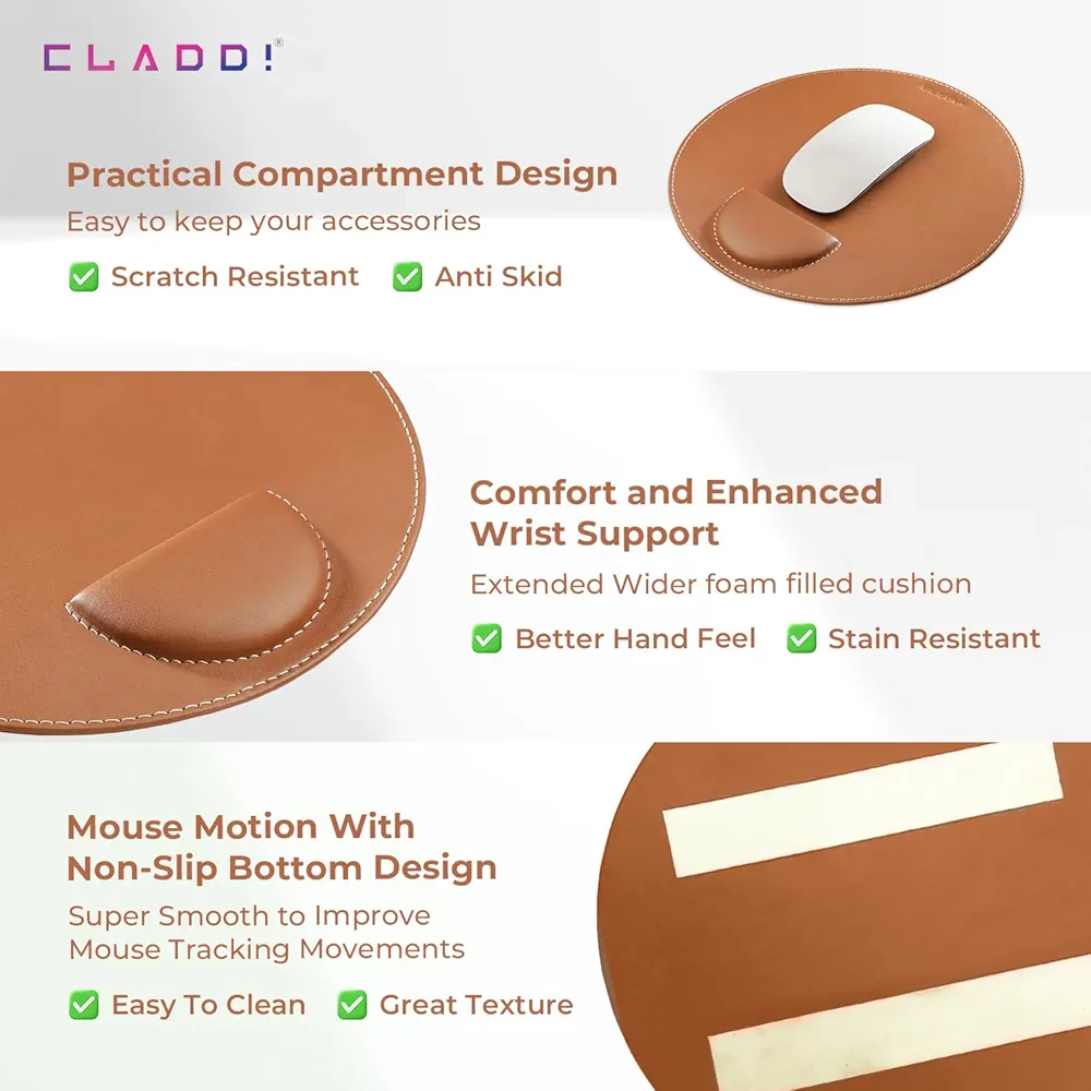 Tan Circle Vegan Leather Mouse Pad 20.5cm – Anti-Scratch & Water-Resistant Desk Mat